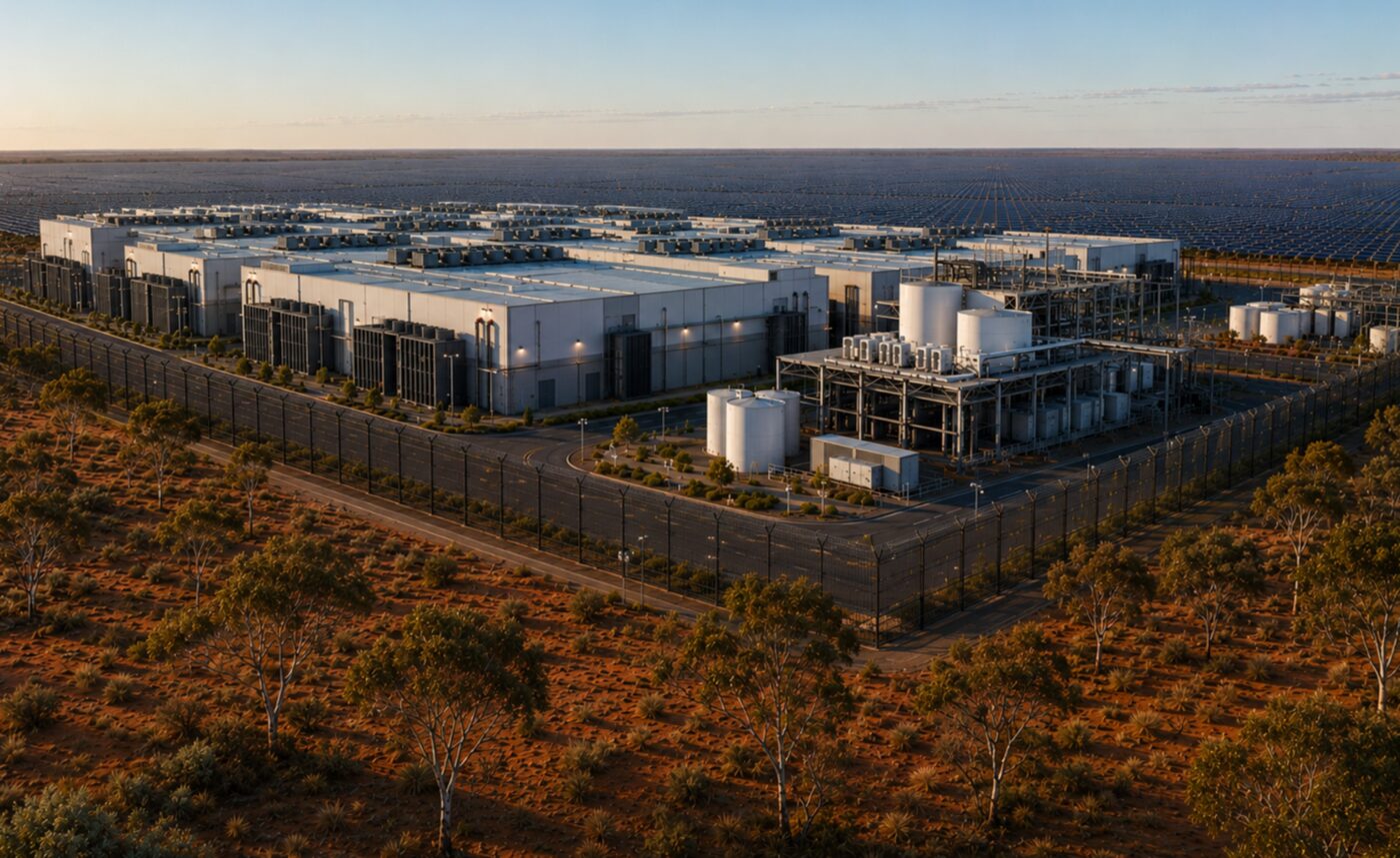 Illustrative render of the proposed facility: white data-hall buildings beside a gas-plant compound of storage tanks and pipework, with a solar field behind, ringed by a security fence in red-dirt scrub