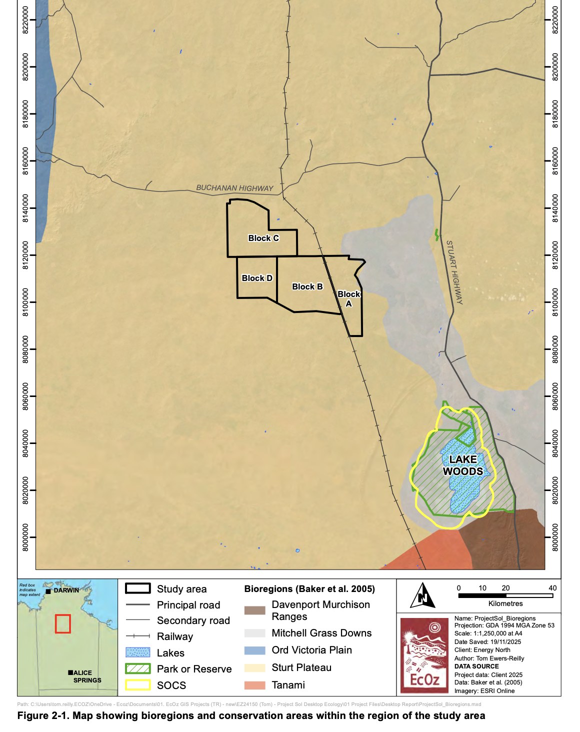 Map showing the project's four study blocks and Lake Woods conservation area to the south-east, in the same inland-draining catchment
